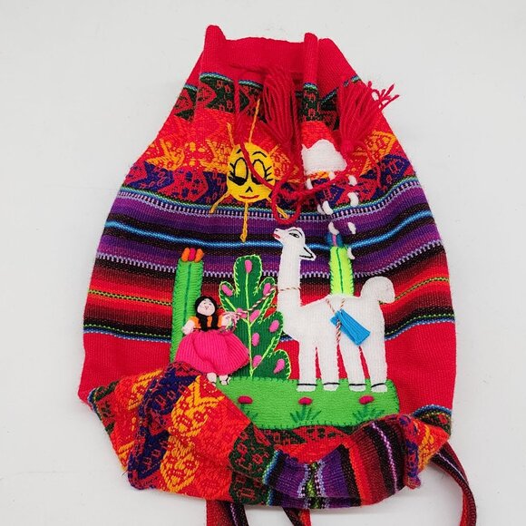 Handmade Inca Peruvian Knit Backpack With Llama & Girl Design Boho Colorful - Picture 9 of 9